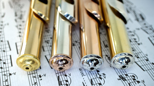 4 Flute Crowns from left to right Polished Gold Steel, 18k Rose Gold Plated Brass, Rhodium Plated Brass, and Sterling Silver